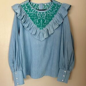Blue Chambray Ruffled Women's Top with Green Embroidery Boho Cottage Whimsical